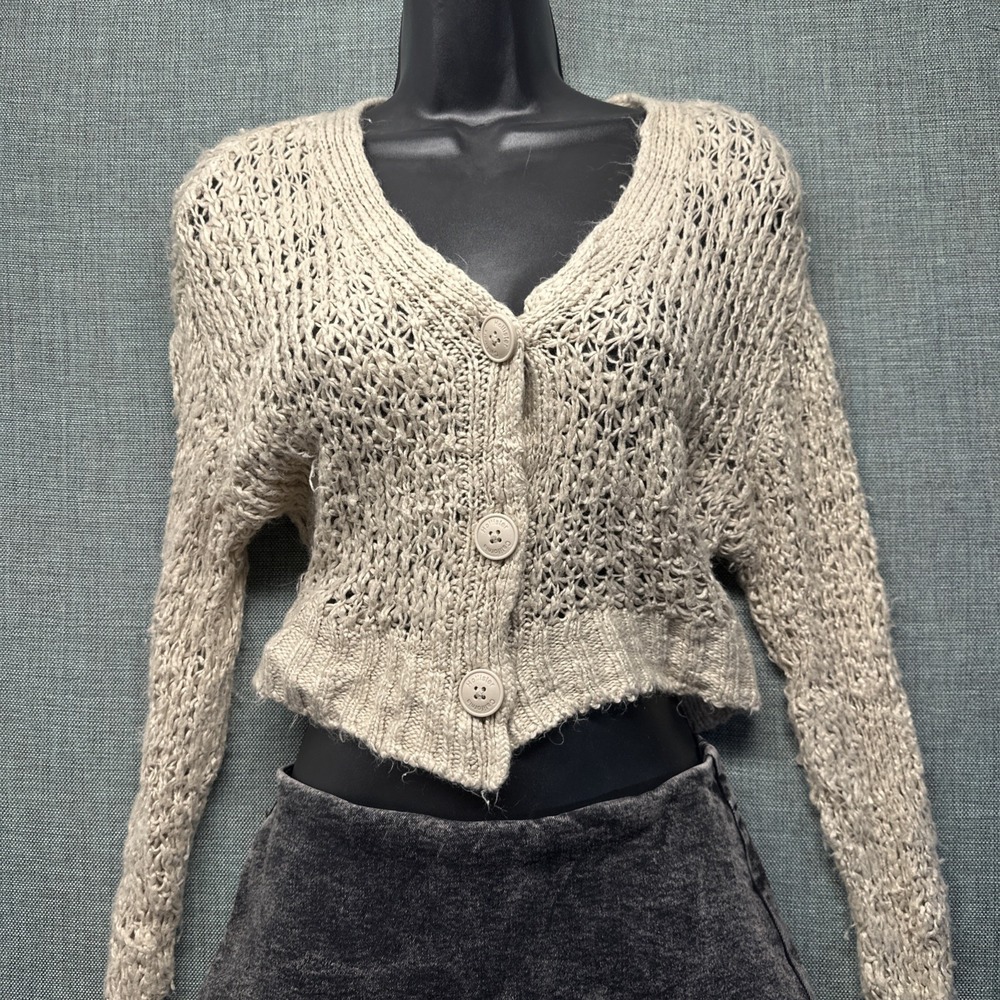 Hollister Cropped Cardigan Women XS Tan Good Y2K Open Knit Sweater 35052330